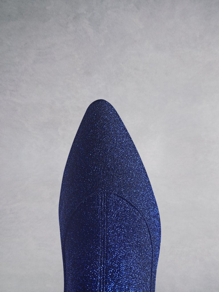 Dalby Blue Sparkle Fabric; pointed toe shape complements the low narrow heel.