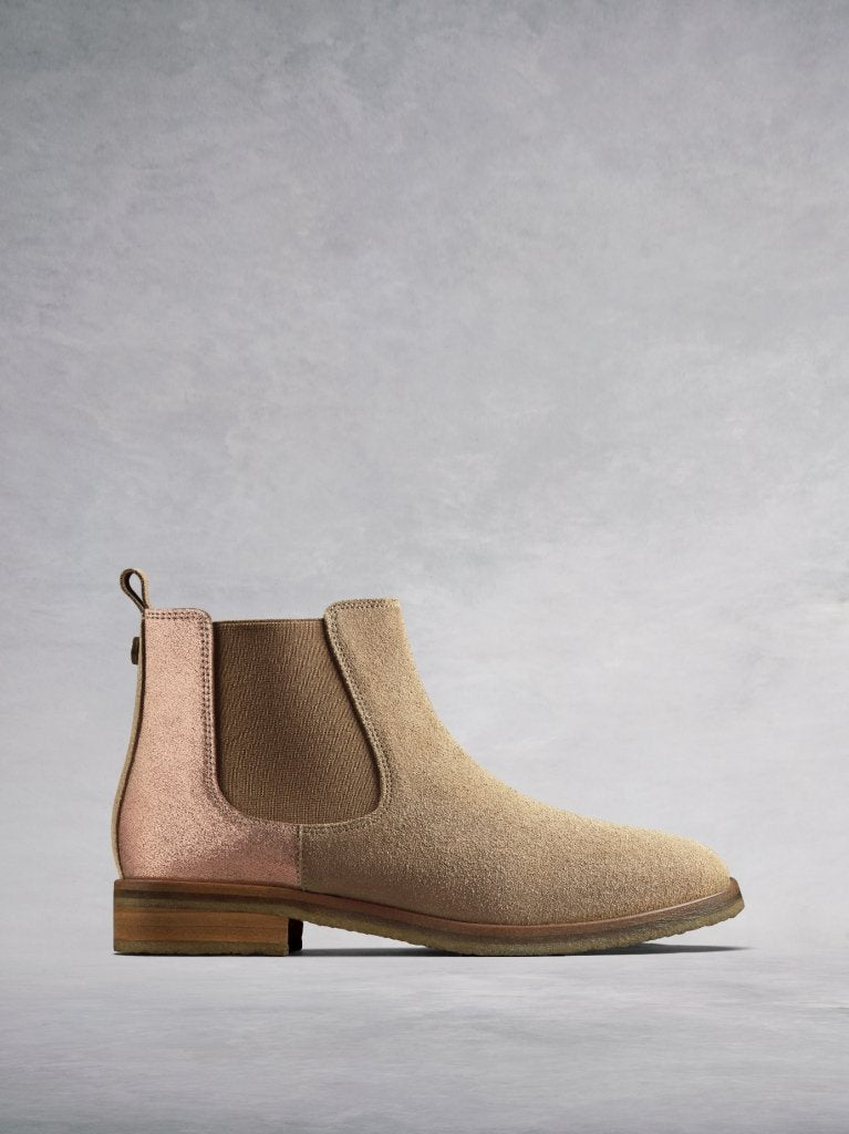 The Darwin, a versatile camel suede Chelsea ankle boot with an edge.