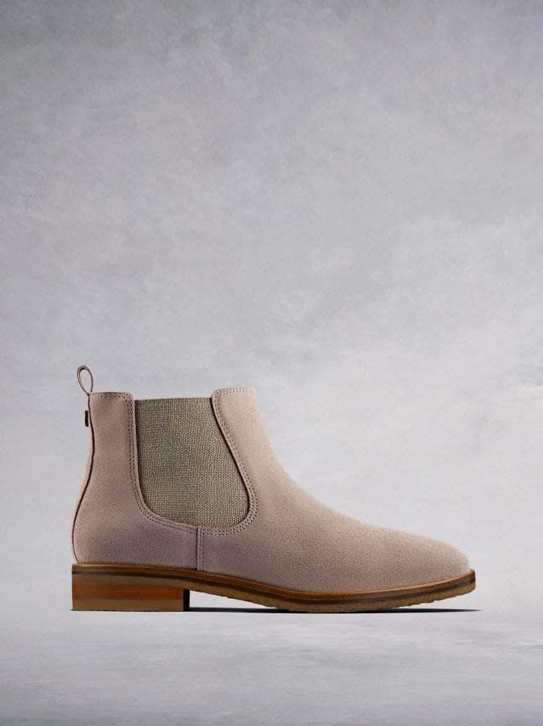 The Darwin, a stylish pink suede Chelsea ankle boot with a contrast sole.