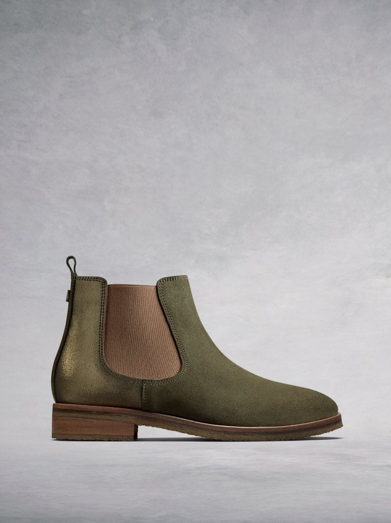 The Darwin, a versatile khaki suede Chelsea ankle boot with an edge.