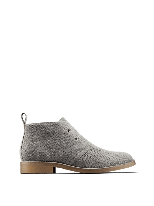 Delmore is a versatile desert boot in grey embossed suede with elasticated laces.