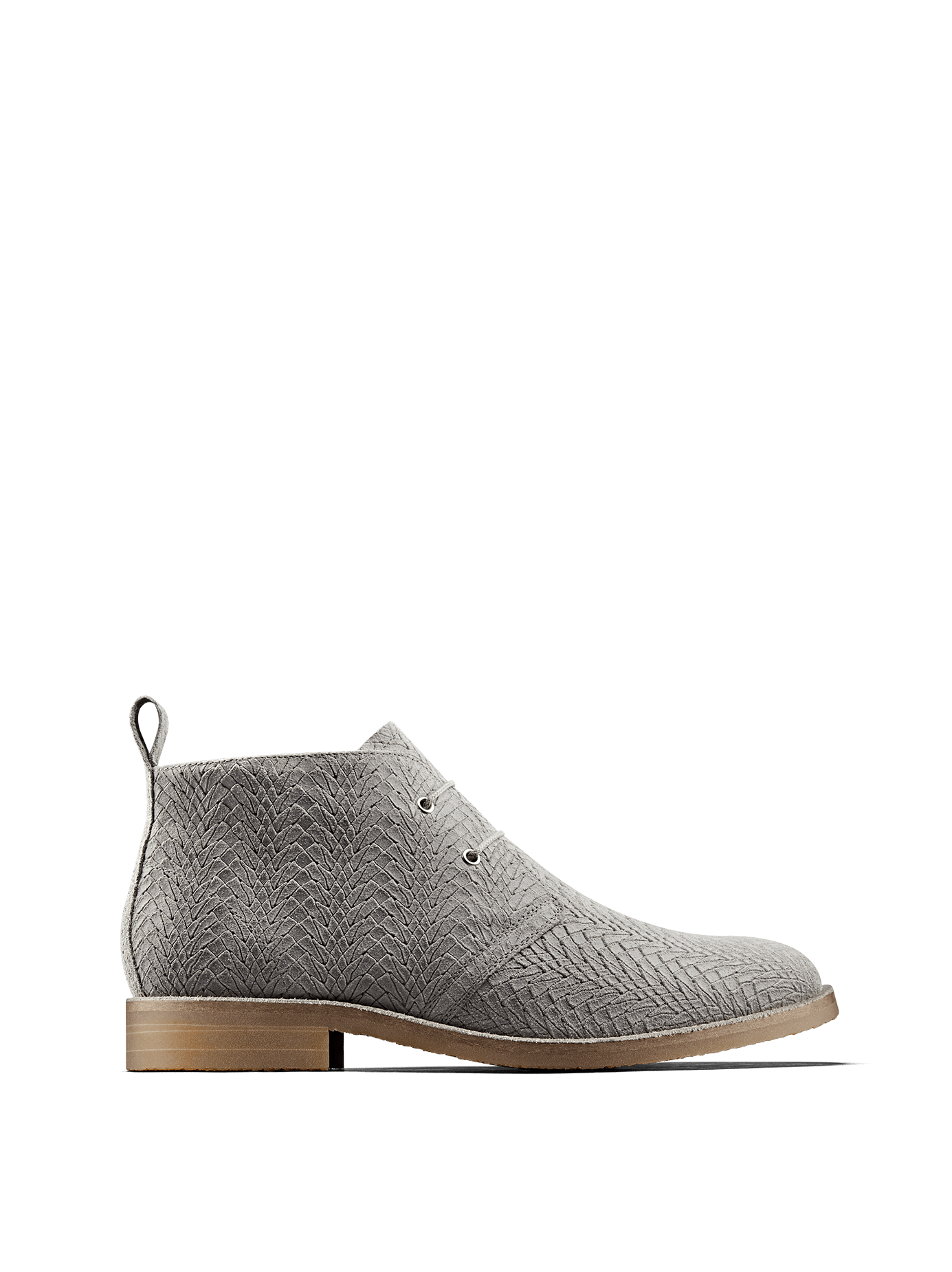 Delmore is a versatile desert boot in grey embossed suede with elasticated laces.