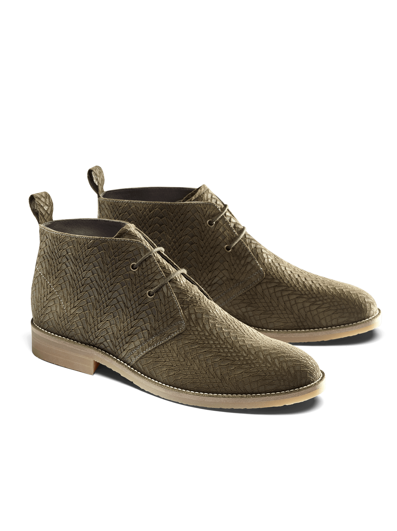 Our Delmore desert boot in khaki embossed suede has laces and a low block heel.