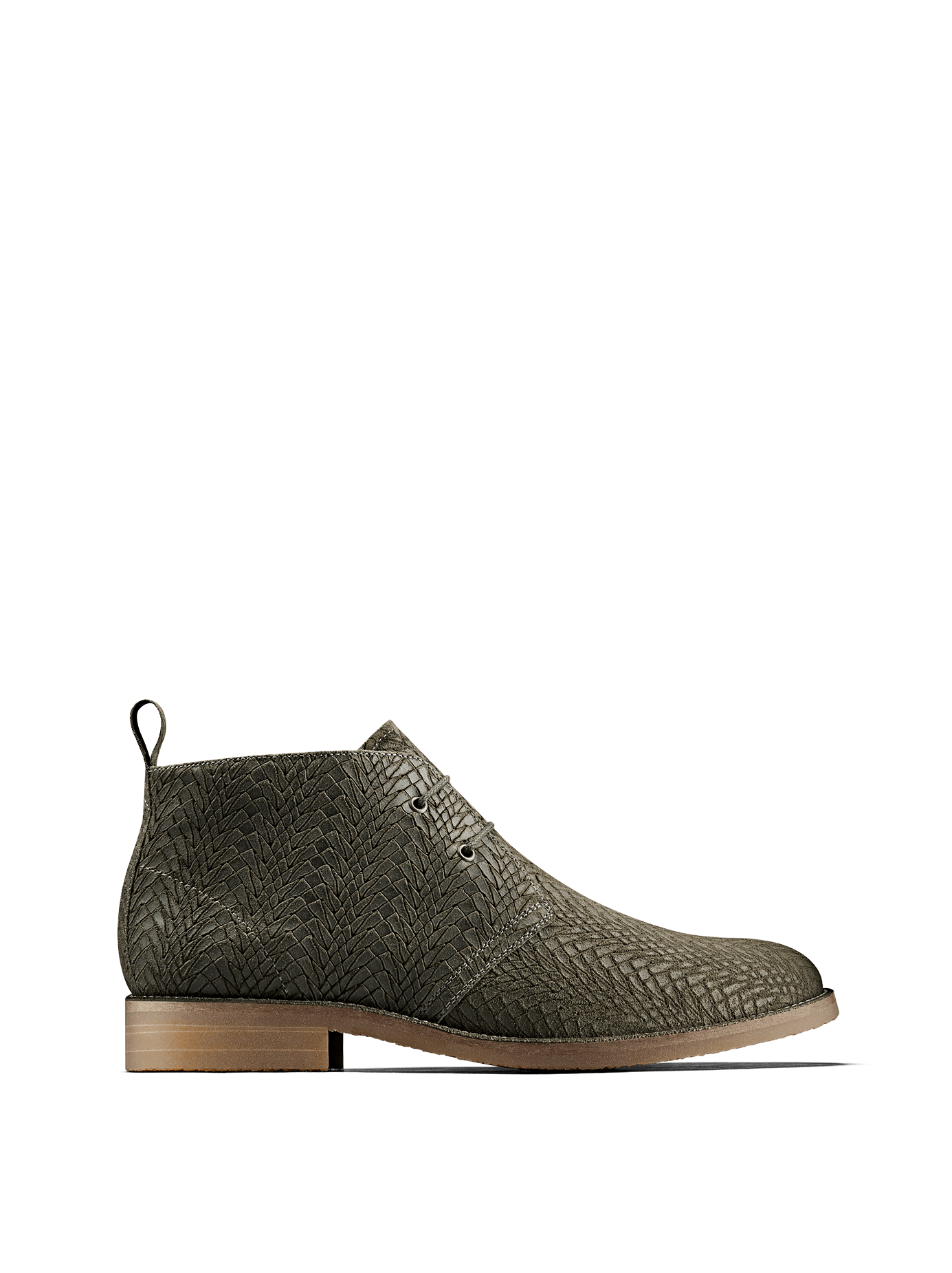 Delmore is a versatile desert boot in khaki embossed suede with elasticated laces.