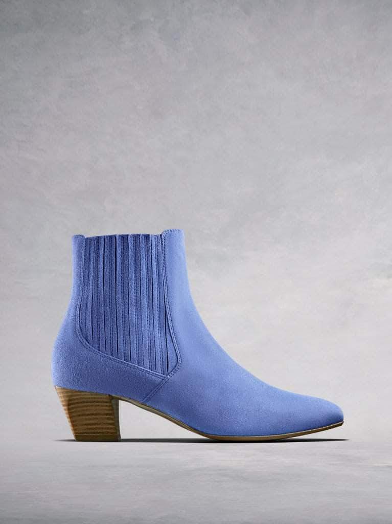 Edison, a modern take on a classic Chelsea boot in soft pastel blue suede.