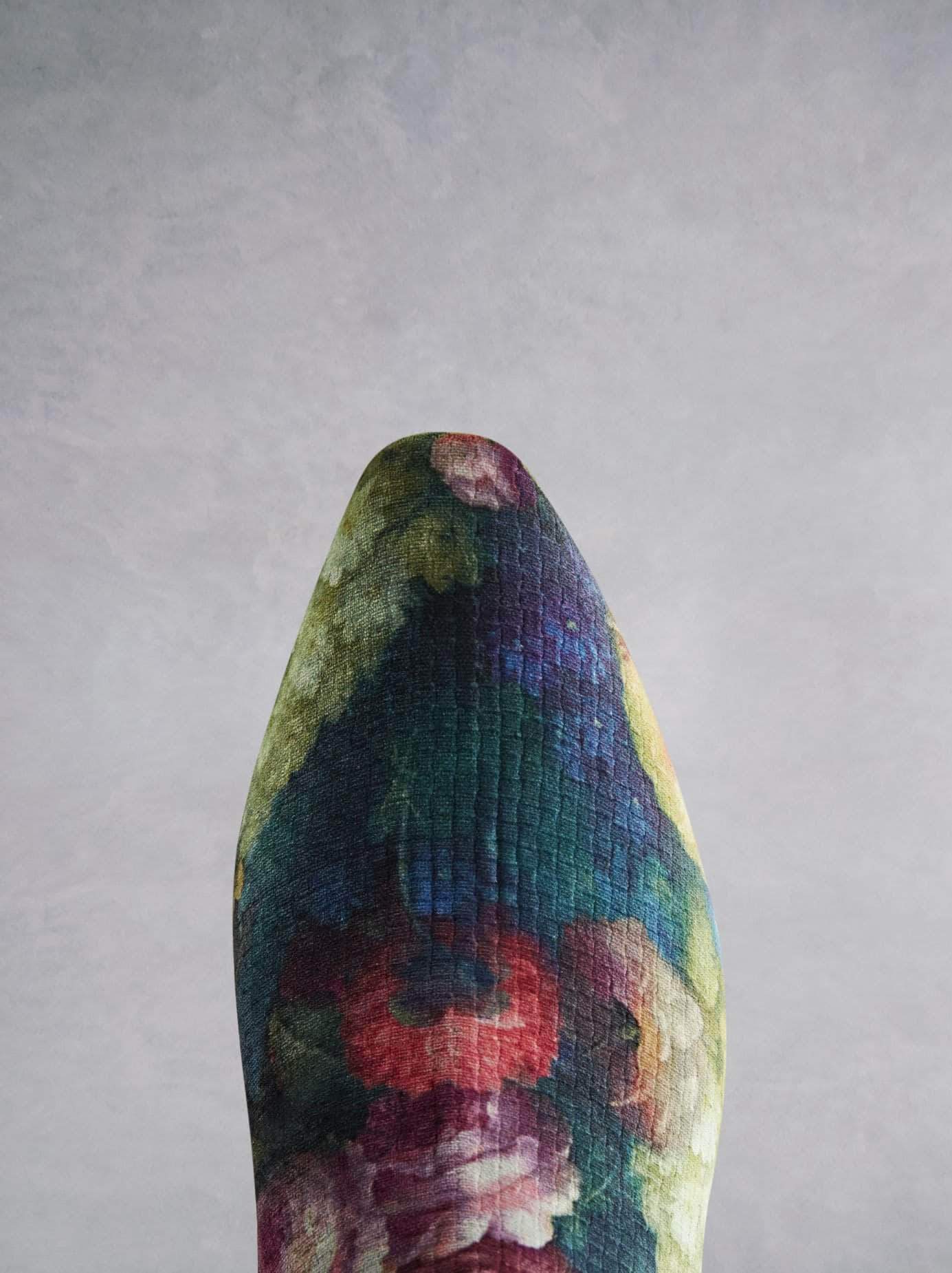 Edison in floral velvet, with chisel toe shape to complement the Italian heel shape. 