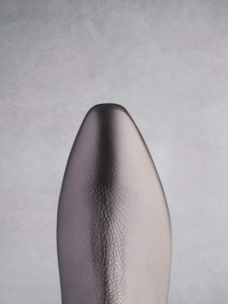 Edison pewter leather features a chisel toe shape that complements the Italian heel shape. 