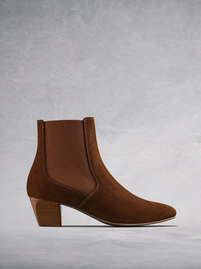 The Edison, a modern take on a classic Chelsea boot in soft tan suede.