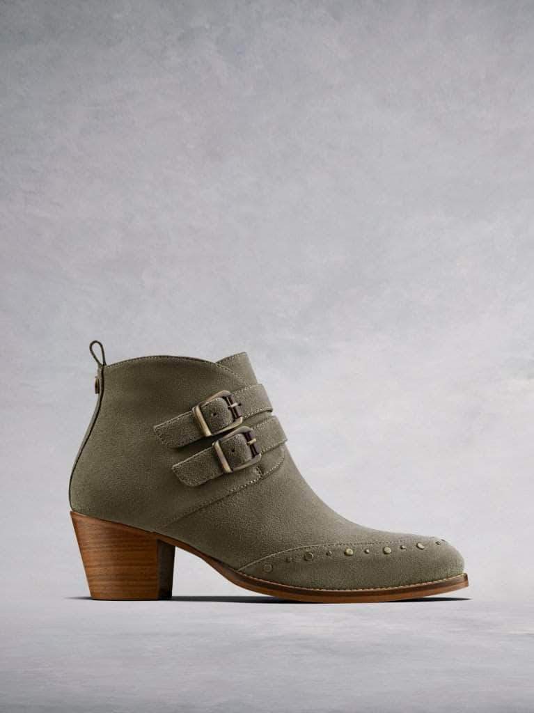 Emilia, our casual khaki suede ankle boot with buckle and stud detailing.