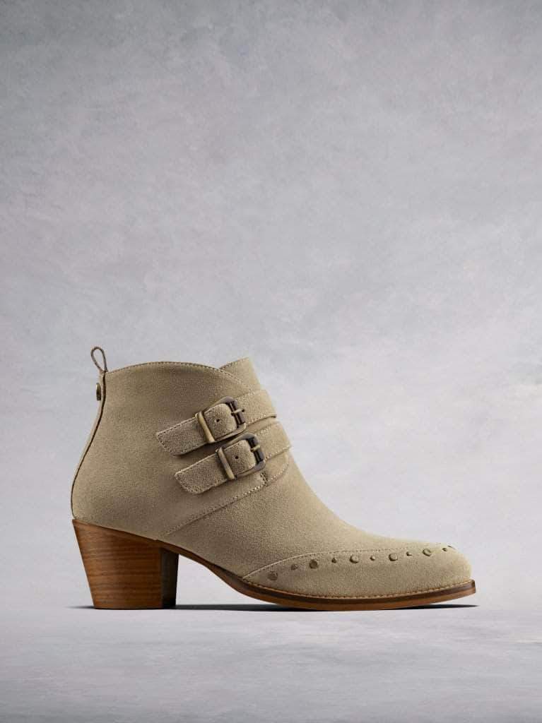 Emilia, our casual taupe suede ankle boot with buckle and stud detailing.