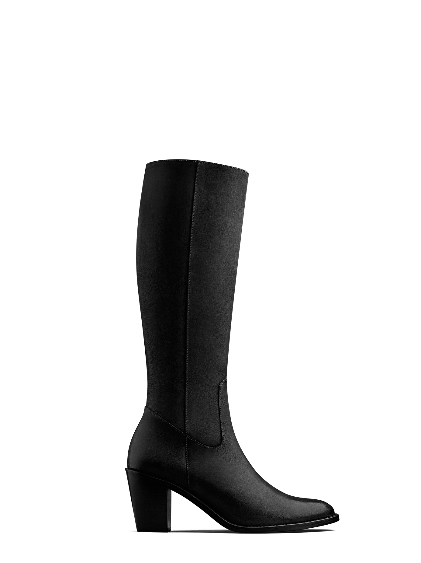 Feltham, our black nubuck leather knee high boot with a mid-height Cuban heel.