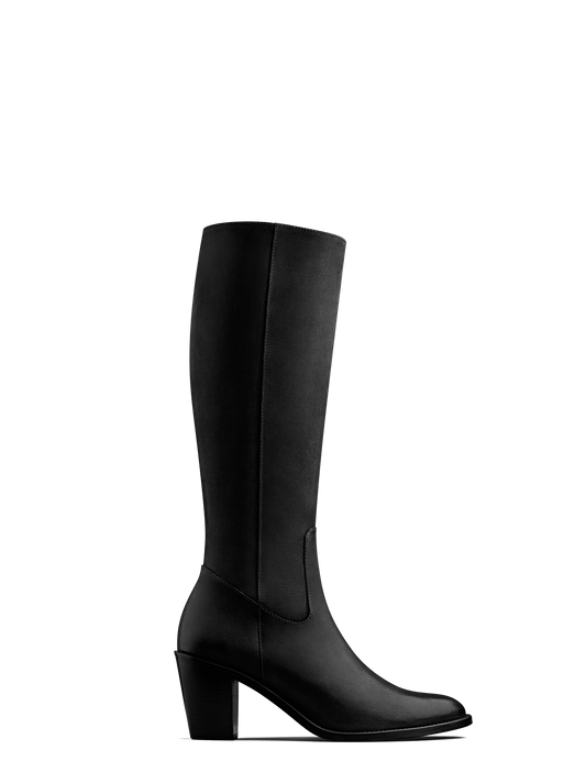 Feltham, our black nubuck leather knee high boot with a mid-height Cuban heel.