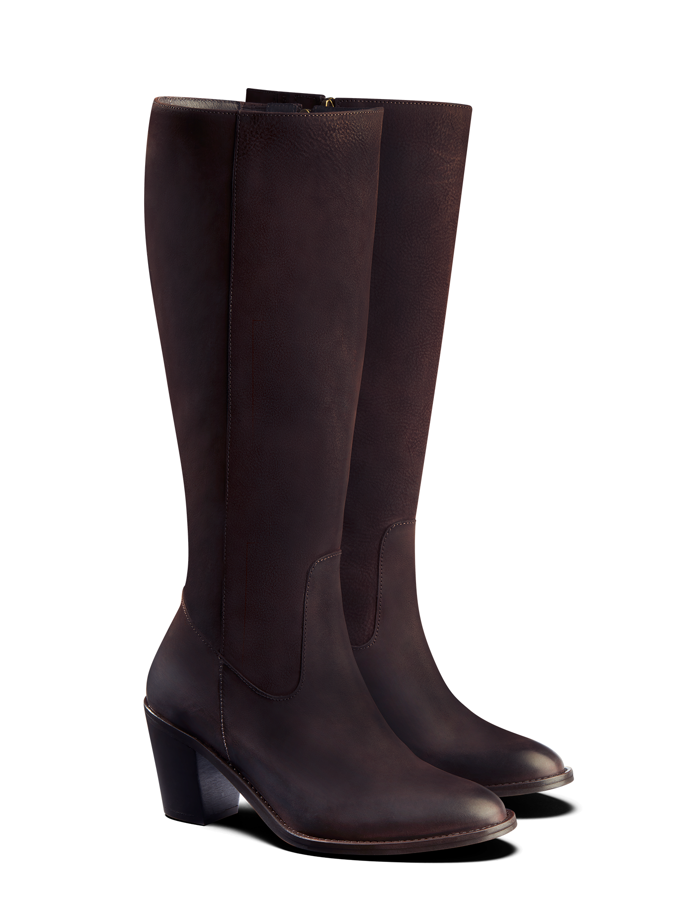 Feltham, a classic knee high boot has an almond toe and a mid-height Cuban heel.