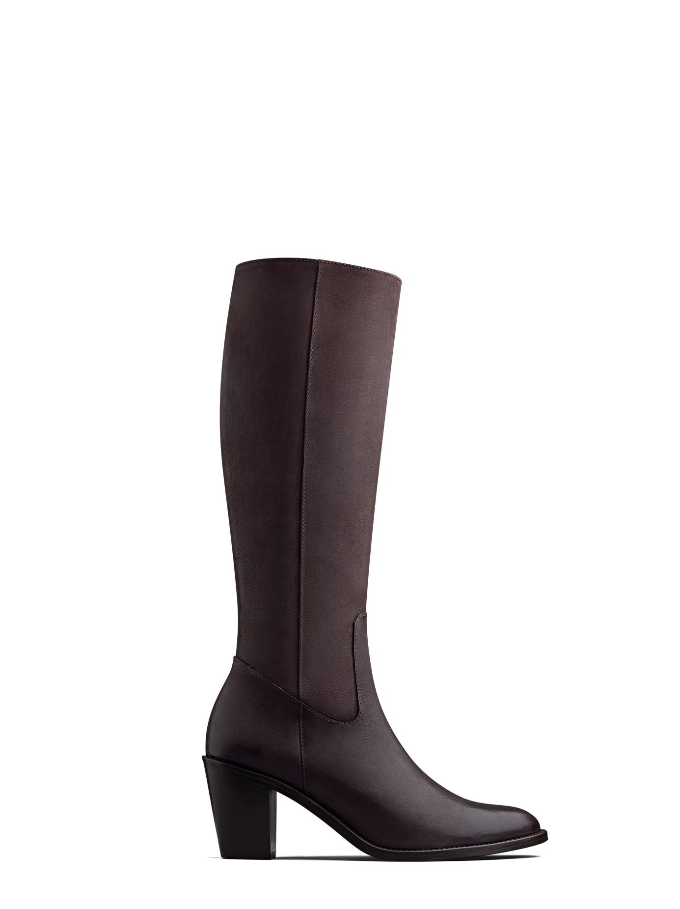 Feltham, our brown nubuck leather knee high boot with a mid-height Cuban heel.