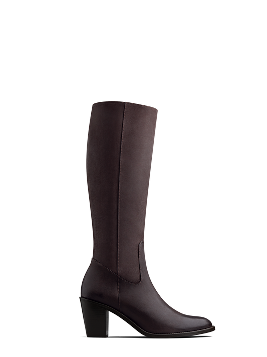 Feltham, our brown nubuck leather knee high boot with a mid-height Cuban heel.
