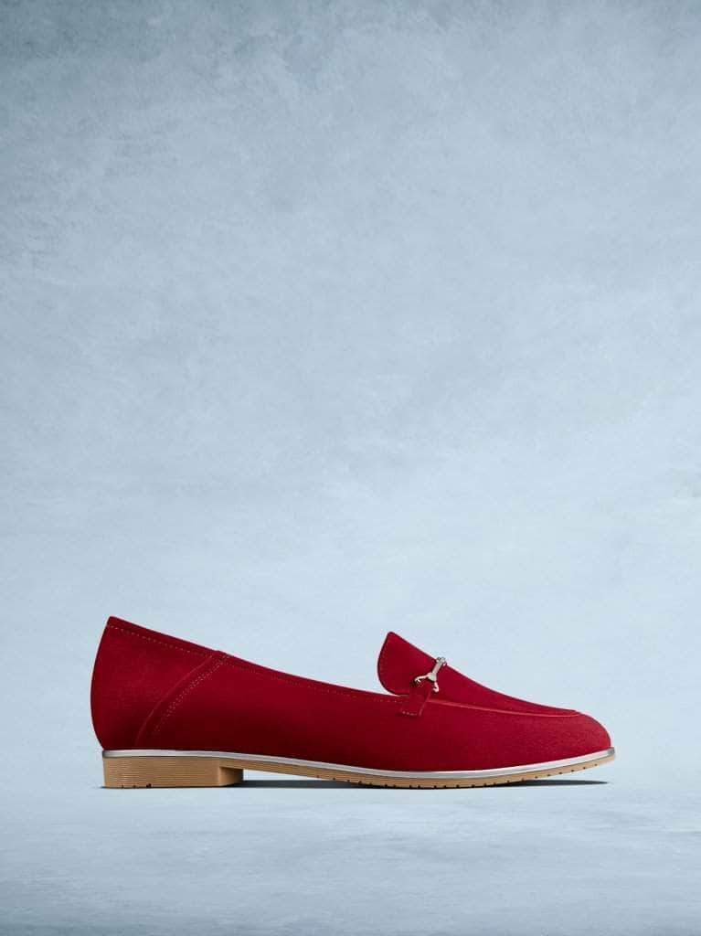 Fistral is our elegant red suede pump with silver trim detailing. 