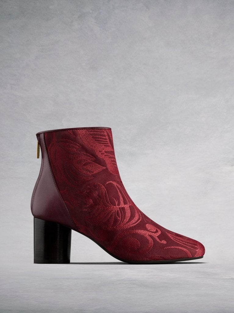 The Gosford, an embroidered burgundy suede and leather ankle boot.