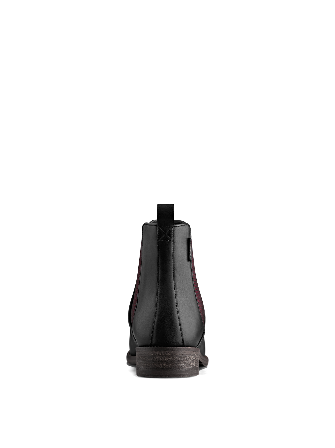 Made from soft black leather with a burgundy herringbone elastic side panel.