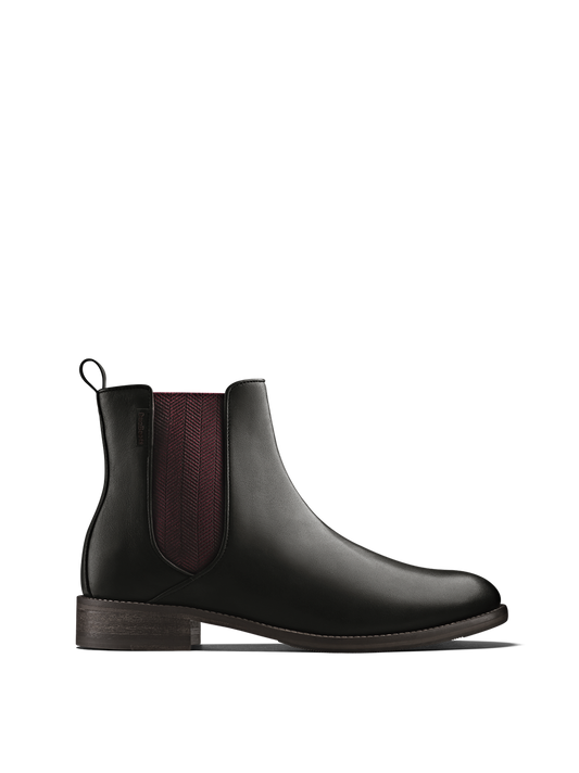 Grove, an everyday black leather Chelsea ankle boot with a contrast elastic panel.