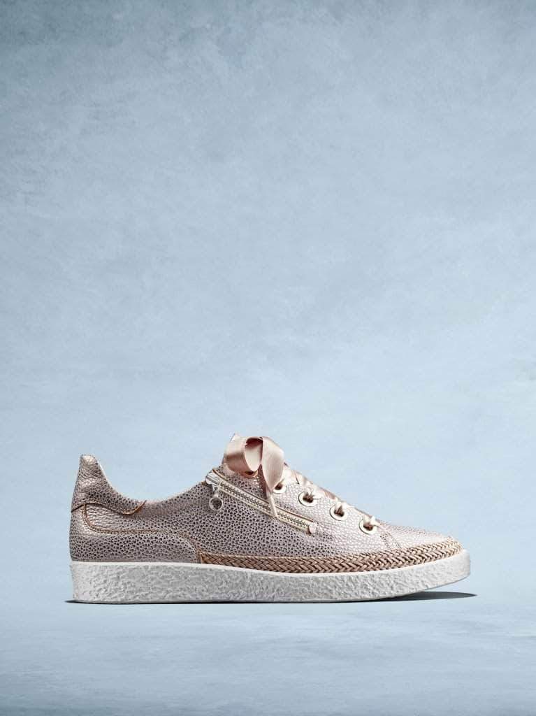 Harlyn is our lace-up textured rose gold leather trainer with a side zip. 