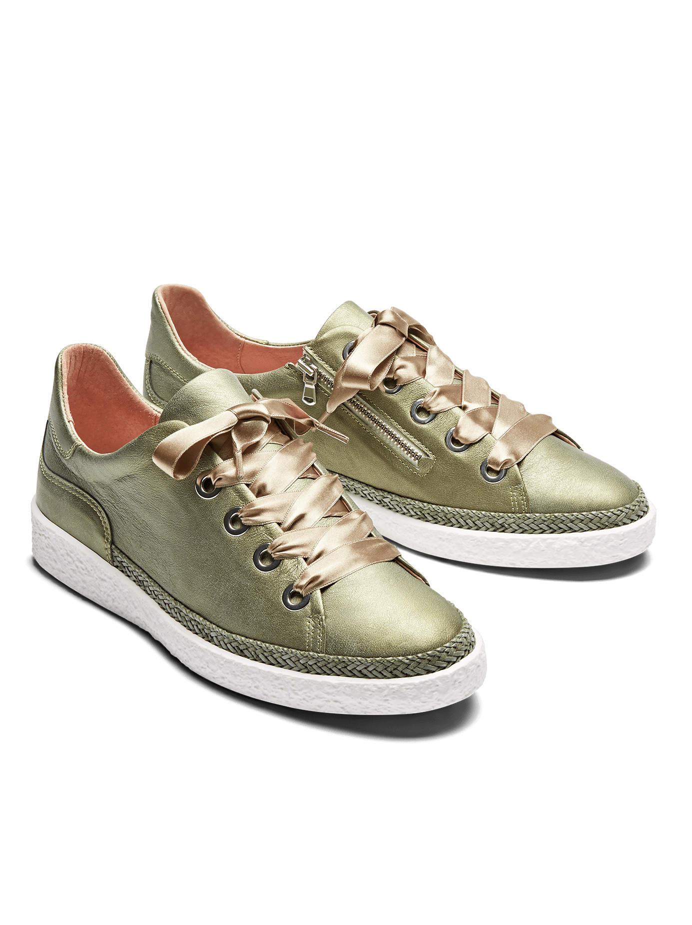 Haryln, our khaki metallic leather trainer with cushioned insoles for comfort.