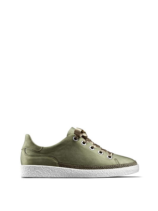 Harlyn, our statement khaki metallic leather trainer with side zip fastening.