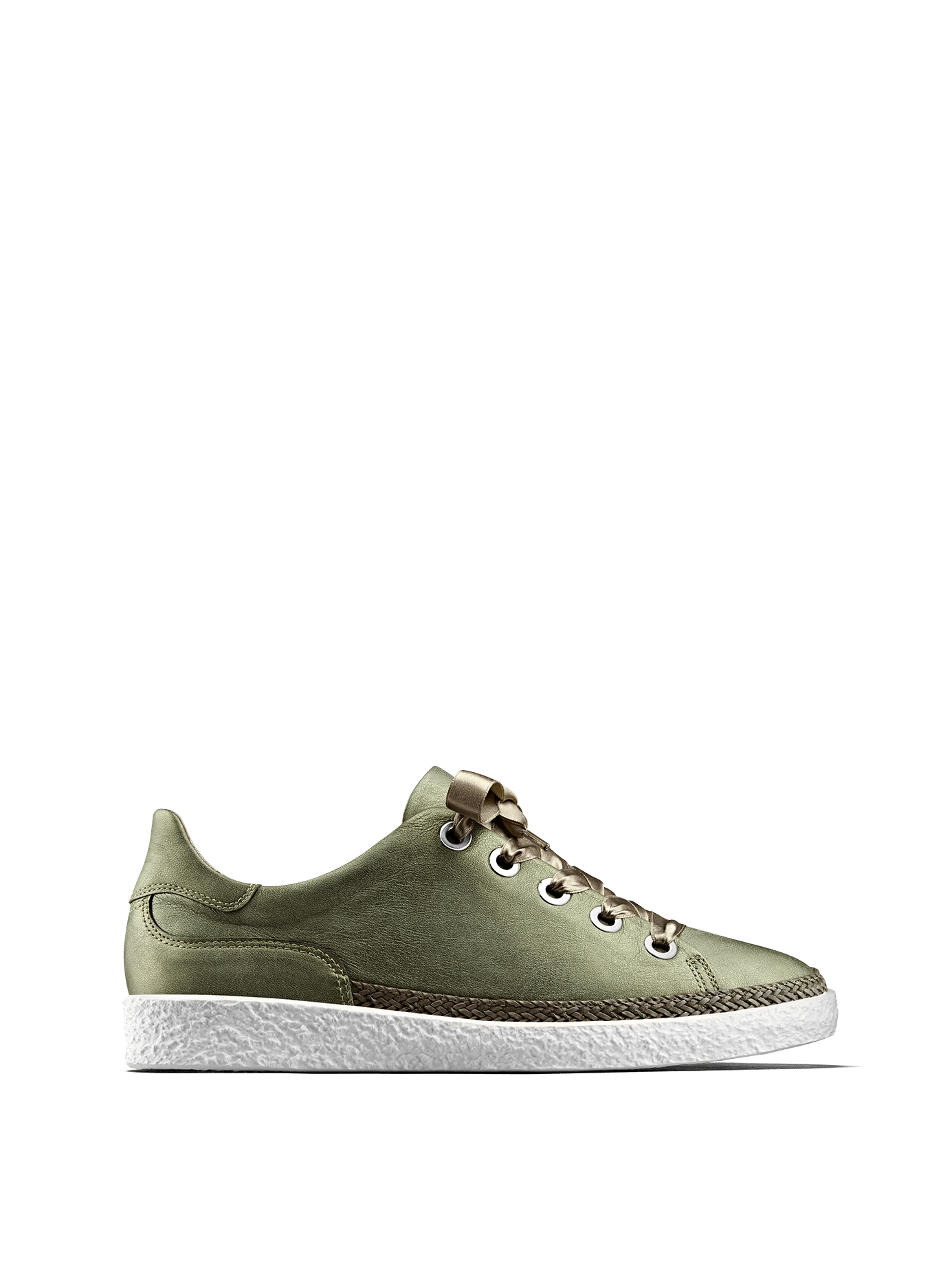 Harlyn, our statement khaki metallic leather trainer with side zip fastening.