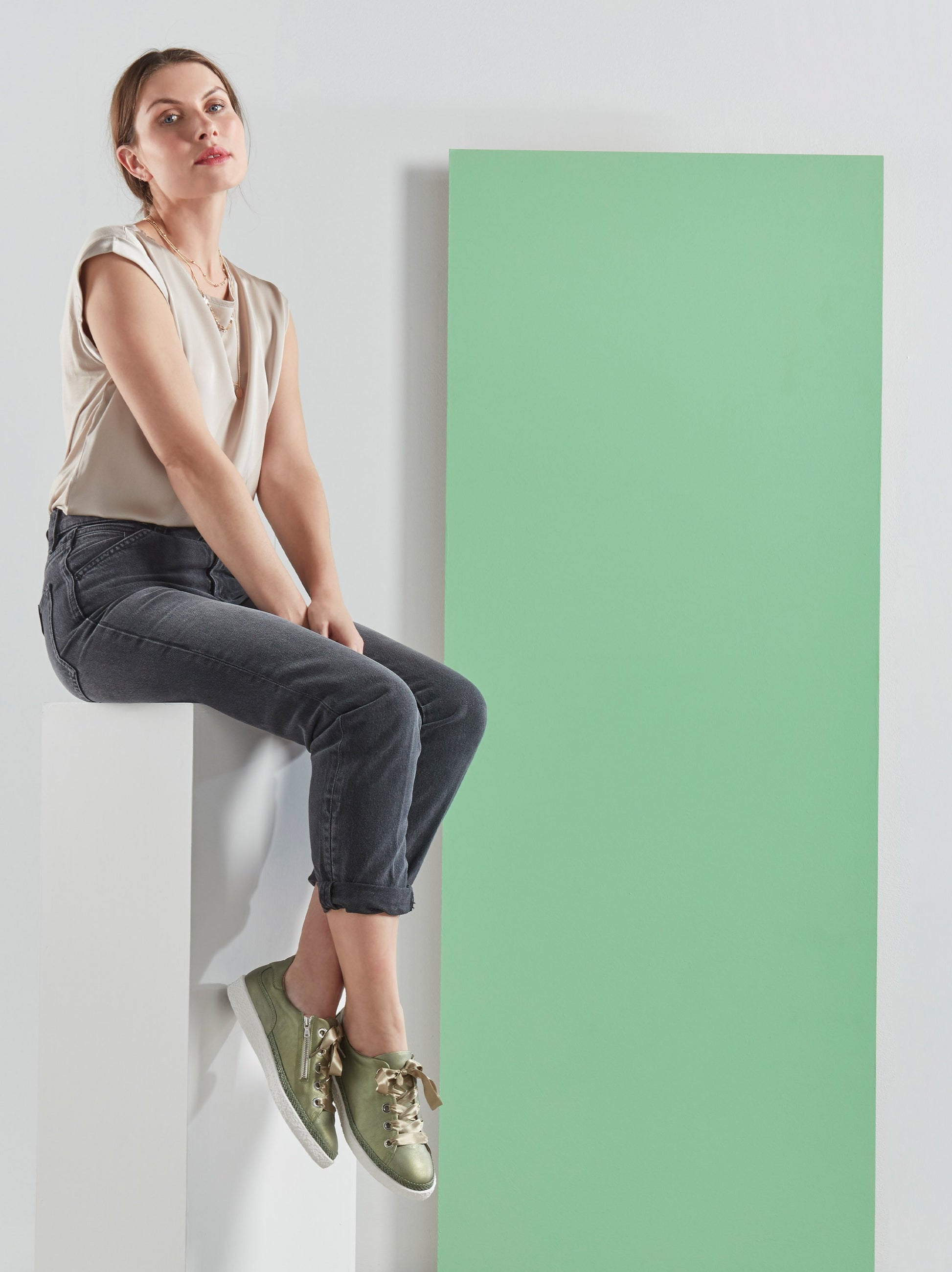 Harlyn, our khaki metallic trainer with chunky sole is a stylish outfit update.