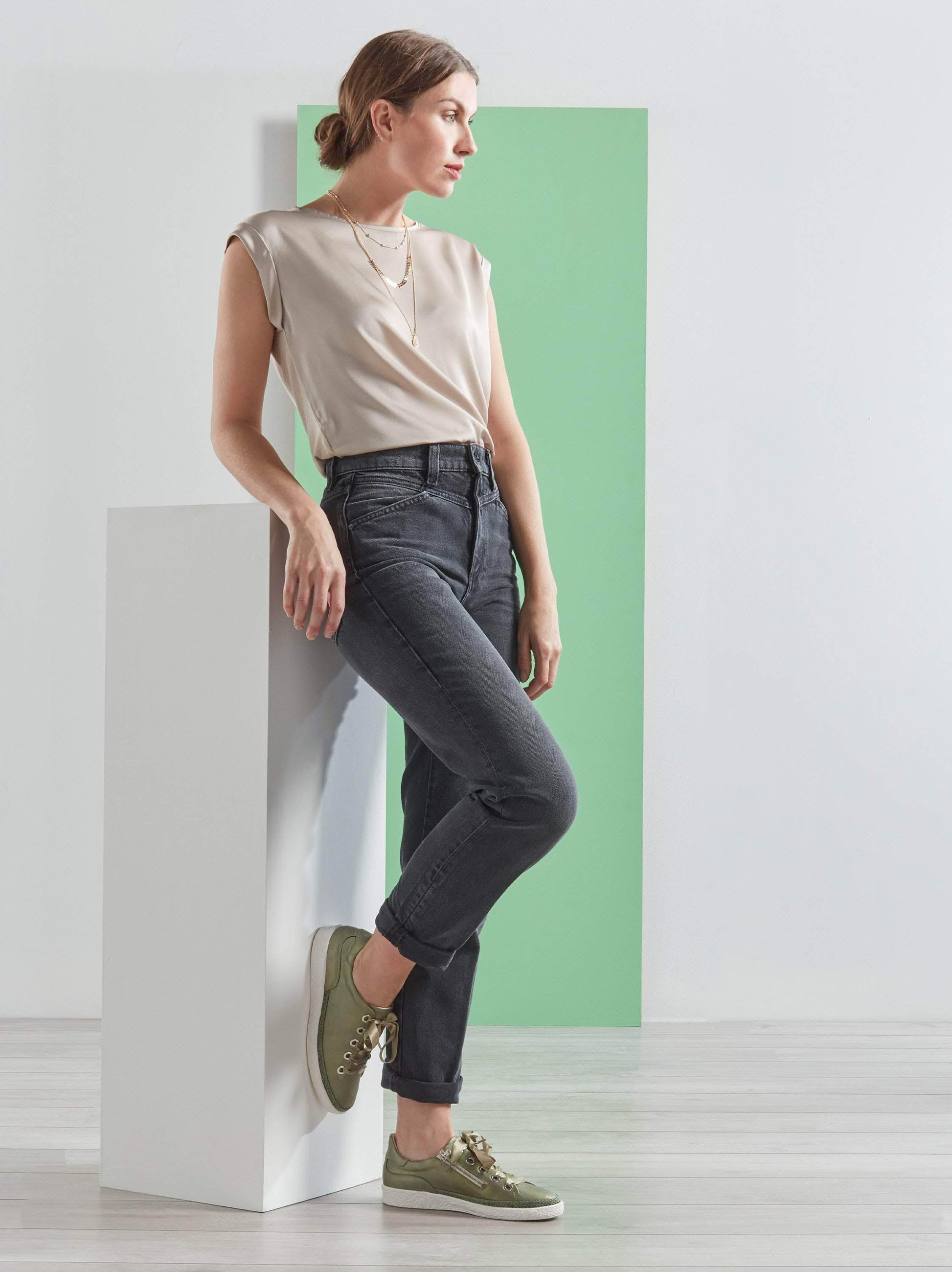 Harlyn, our khaki metallic trainer with chunky sole is a stylish outfit update.