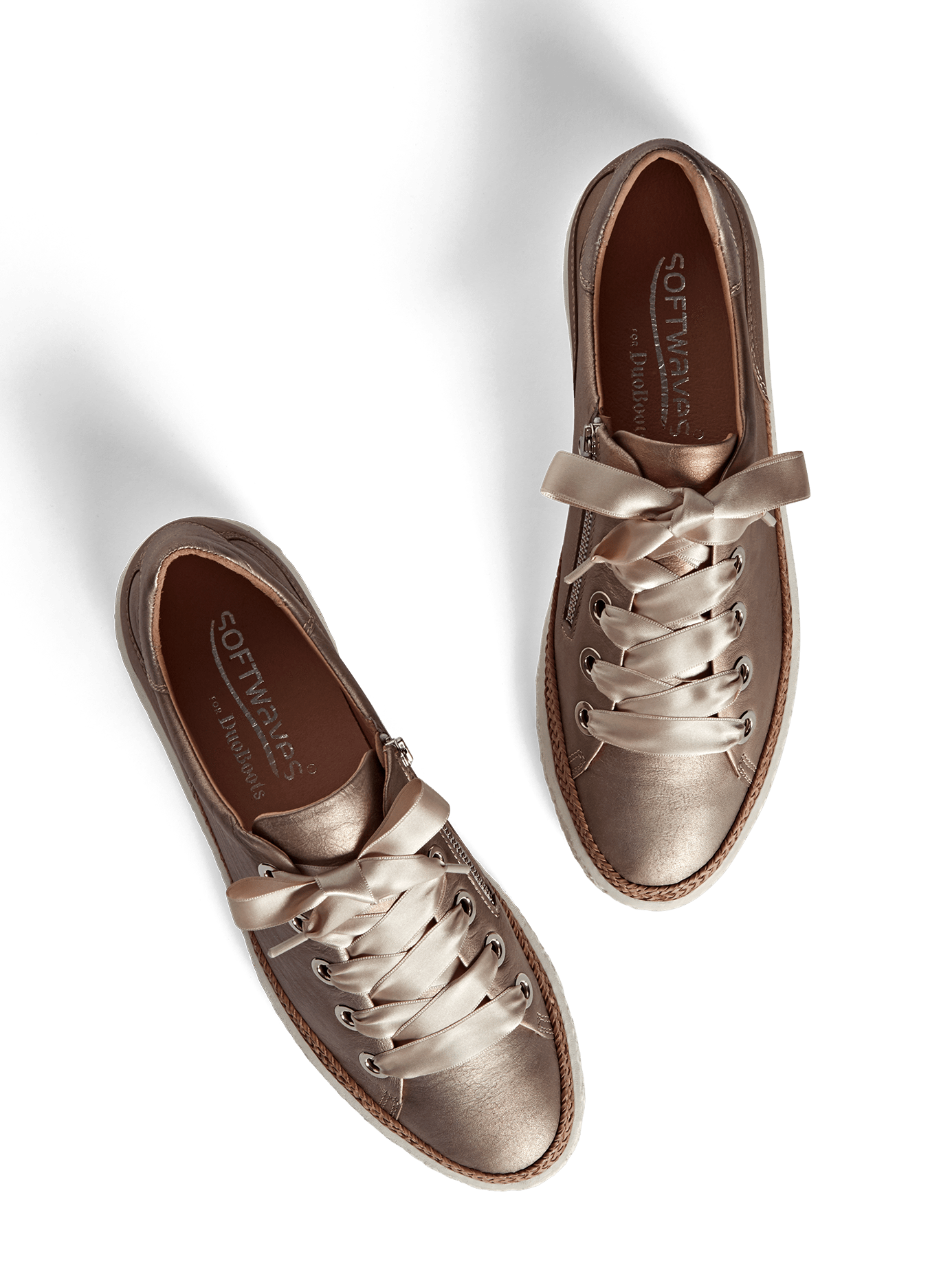 Haryln, our rose metallic leather trainer with cushioned insoles for comfort.