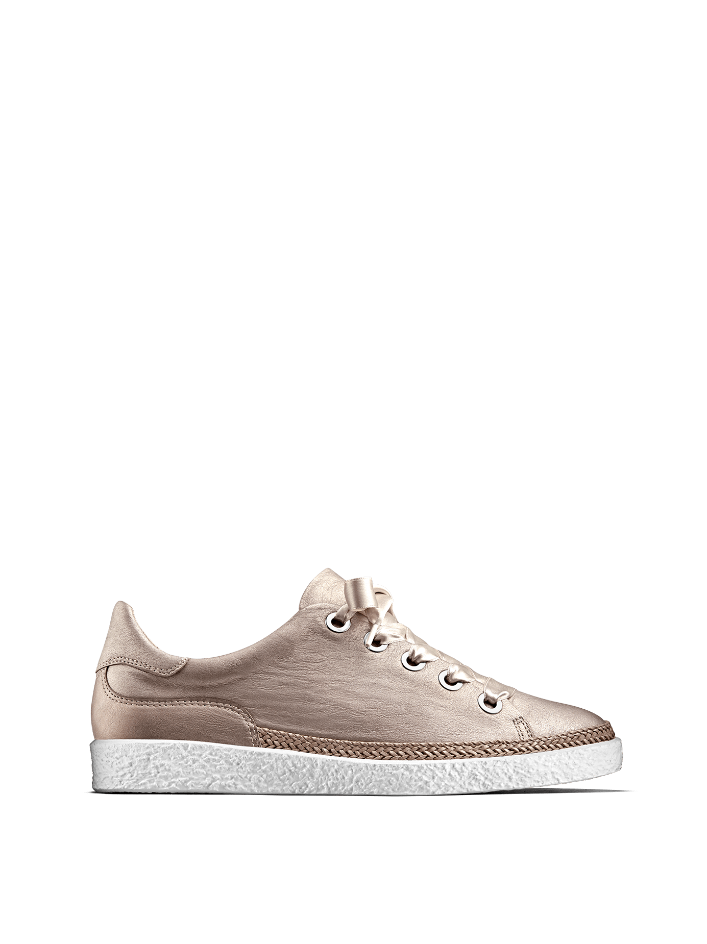 Harlyn, our statement rose metallic leather trainer with side zip fastening.