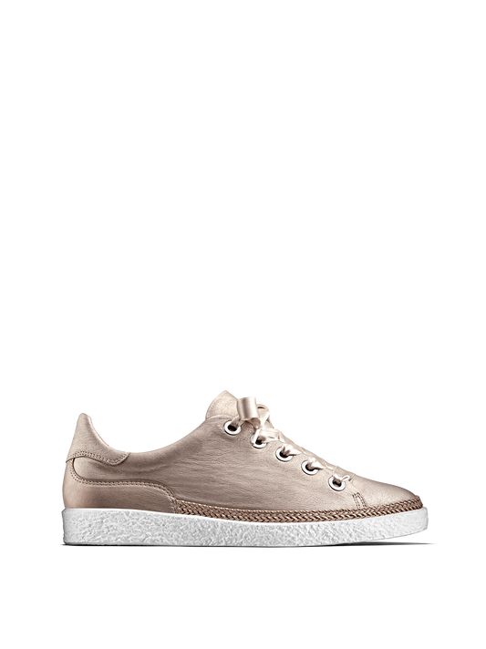 Harlyn, our statement rose metallic leather trainer with side zip fastening.