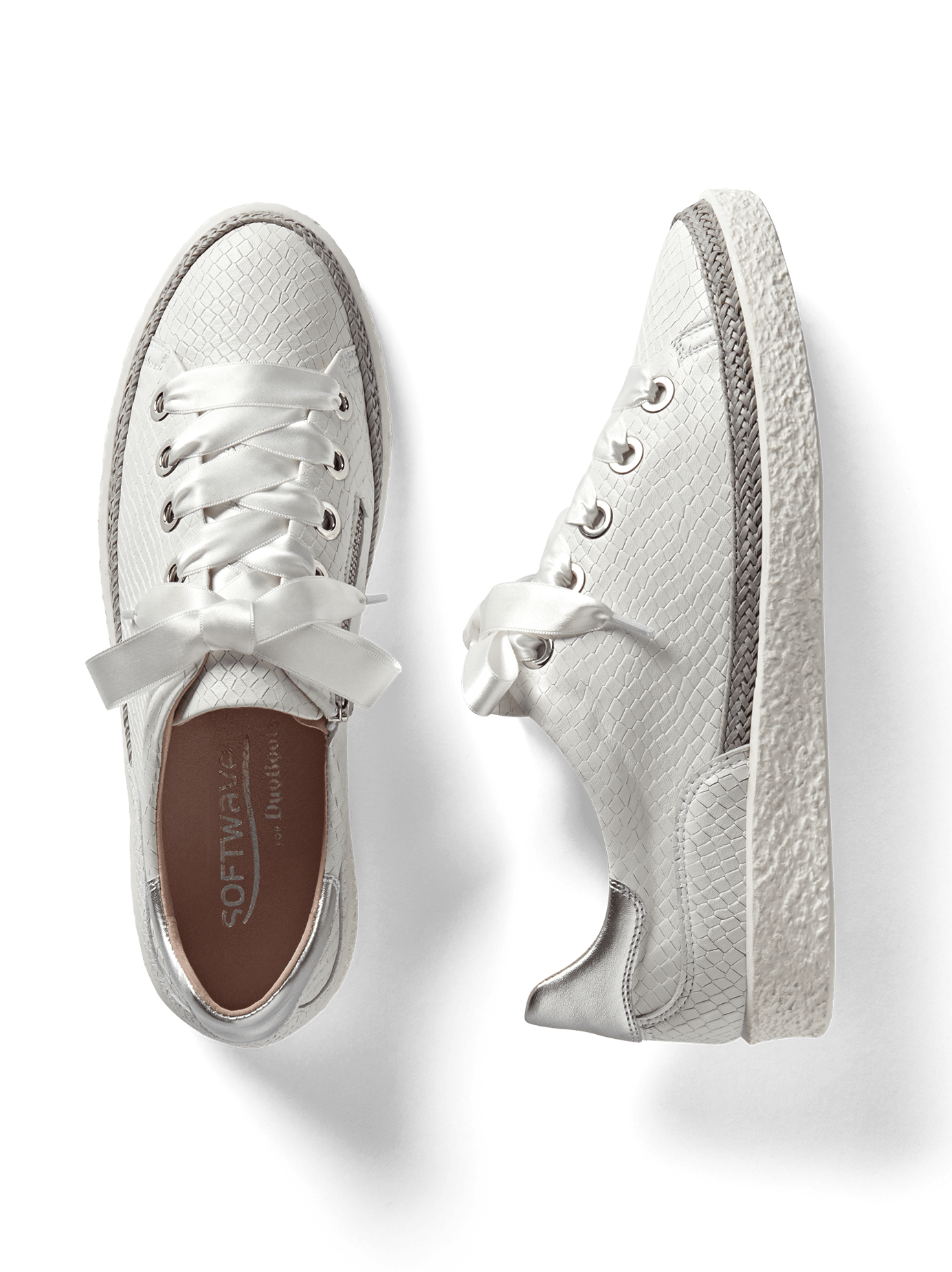 Haryln, our white snake embossed leather trainer with cushioned insoles.