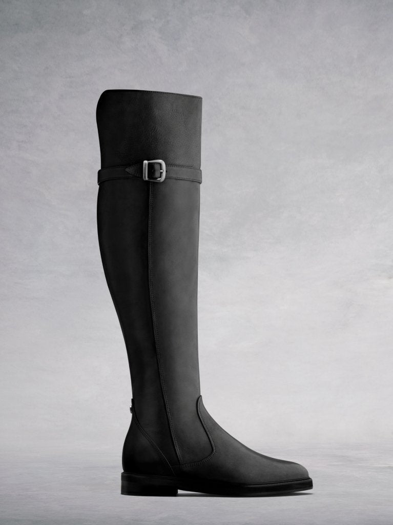 The Harridge, our over the knee biker-inspired smooth black leather boots.