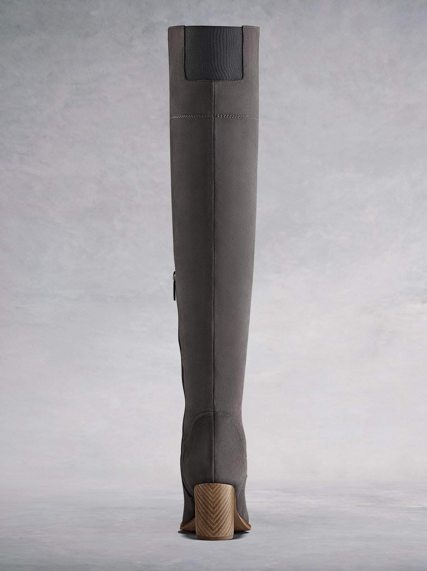 This grey suede boot has a matching elastic back panel for improved fit.