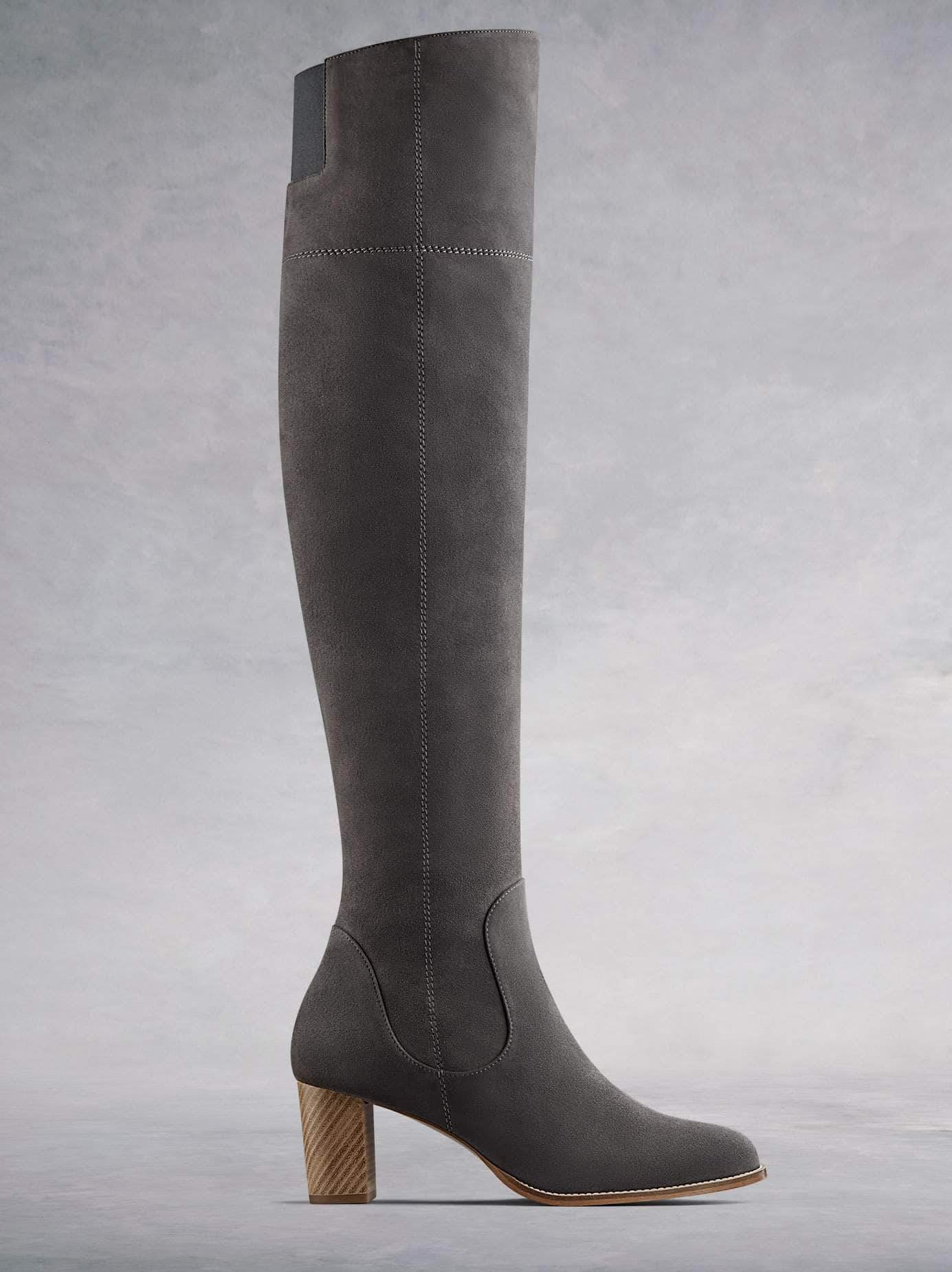 Hawkesmere, your go-to casual over the knee boot this season, available in soft grey kid suede and in a wide range of calf sizes.