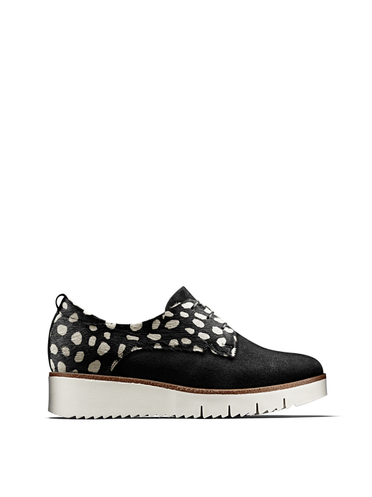 Hayle in monochrome hair leather has a derby silhouette, chunky sole and lace up design.