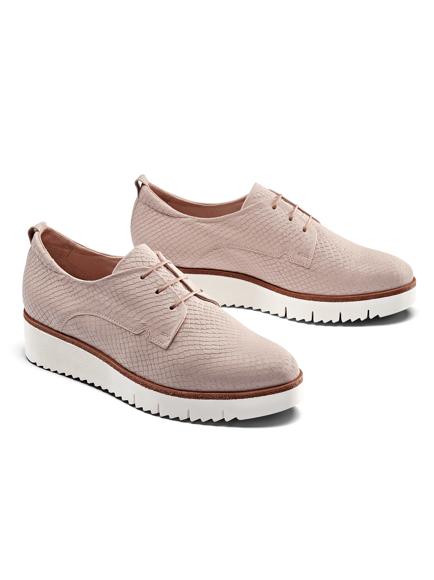 Hayle, our lace-up brogue flatform shoe in blush pink snake embossed leather.