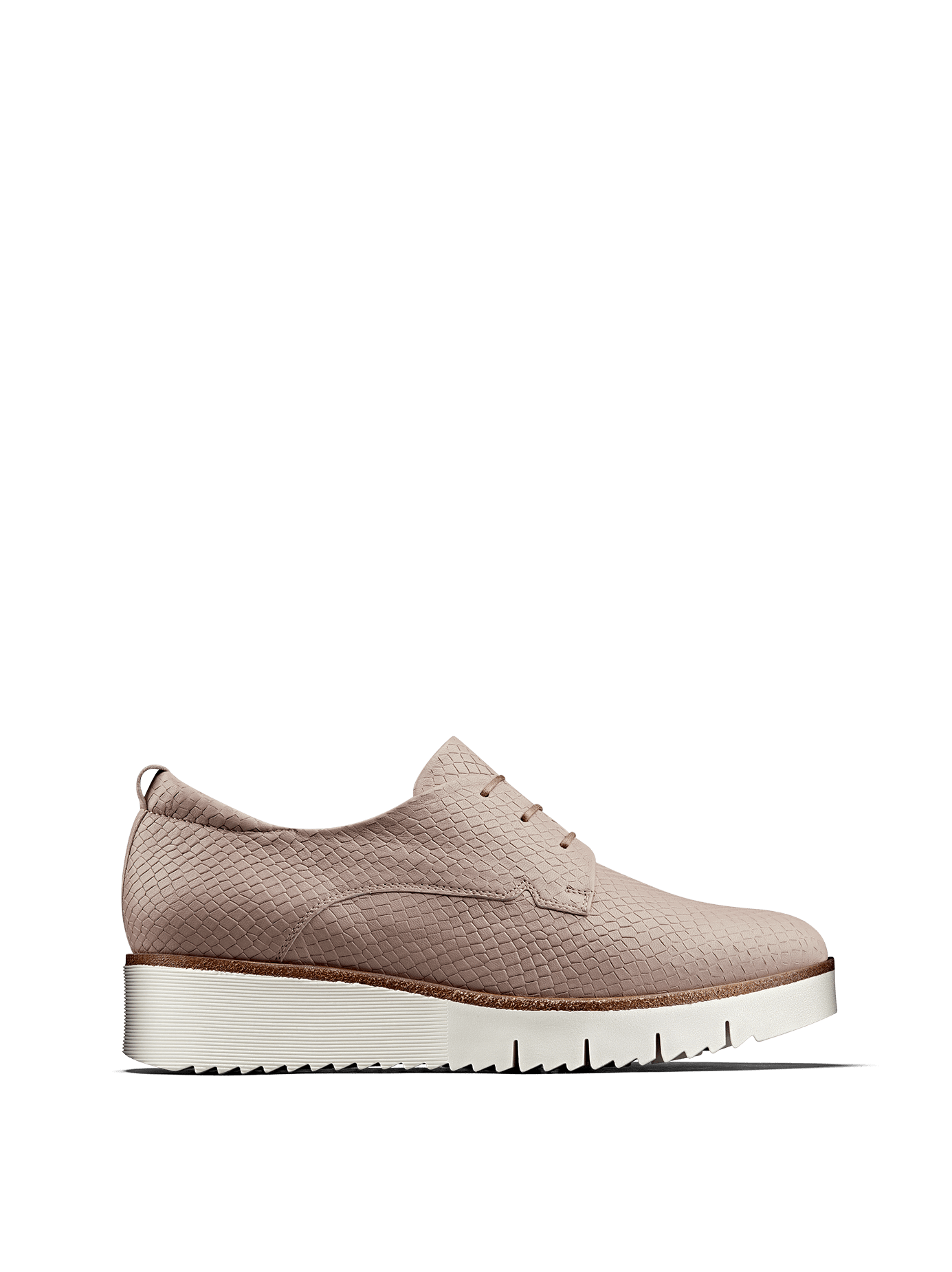 Hayle in nude pink leather has a derby silhouette, chunky sole and lace up design.