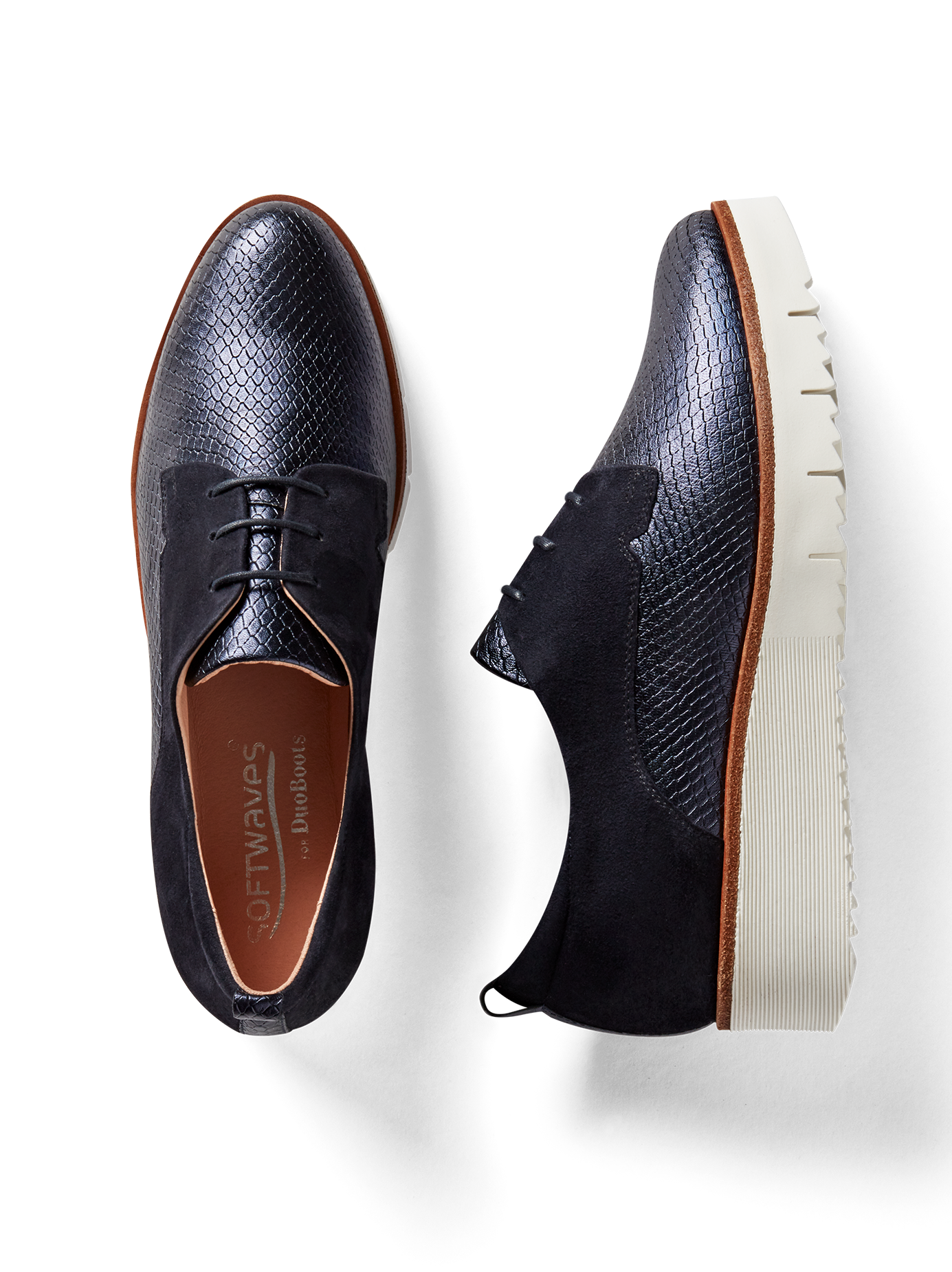 Hayle, our lace-up brogue flatform shoe in navy snake embossed metallic leather.