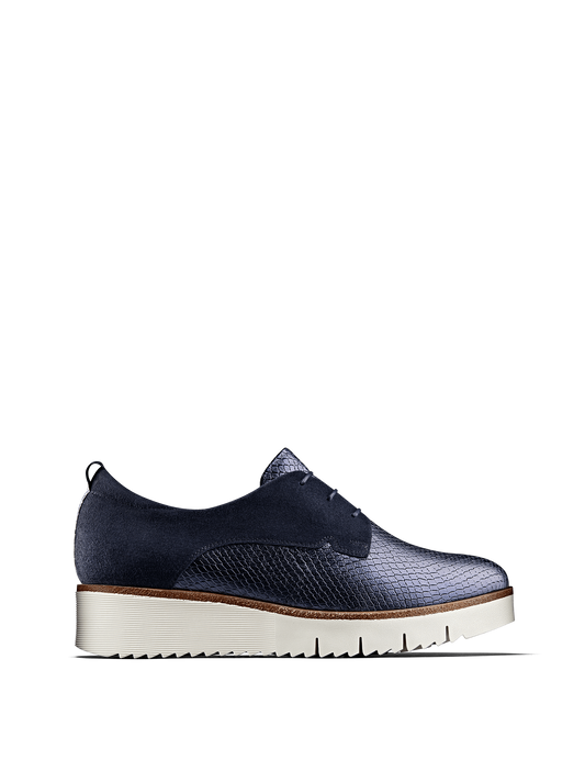 Hayle in navy metallic has a derby silhouette, chunky sole and lace up design.