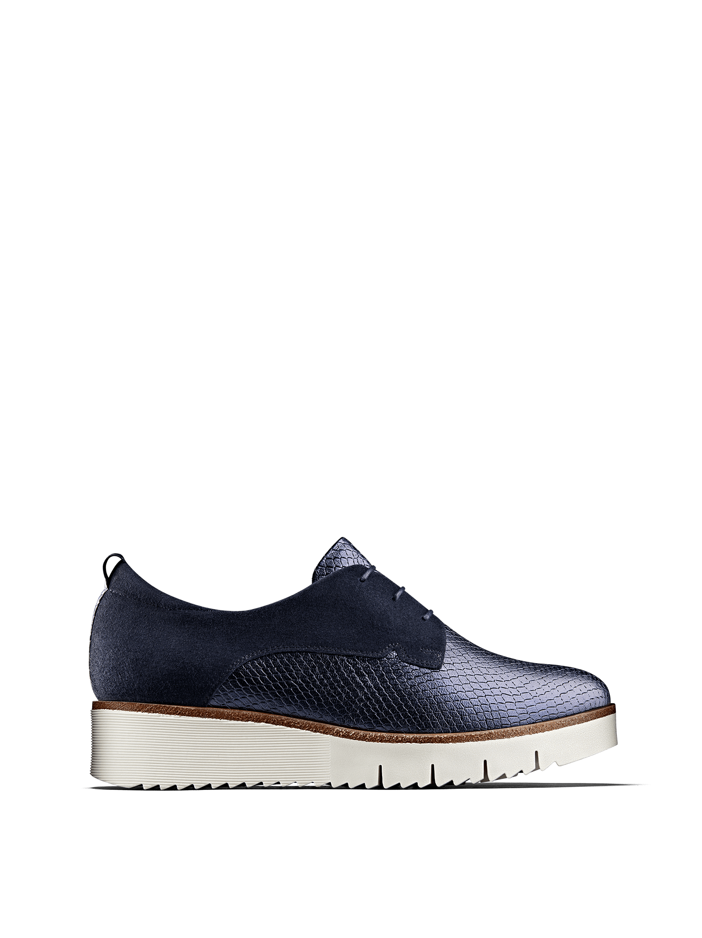 Hayle in navy metallic has a derby silhouette, chunky sole and lace up design.