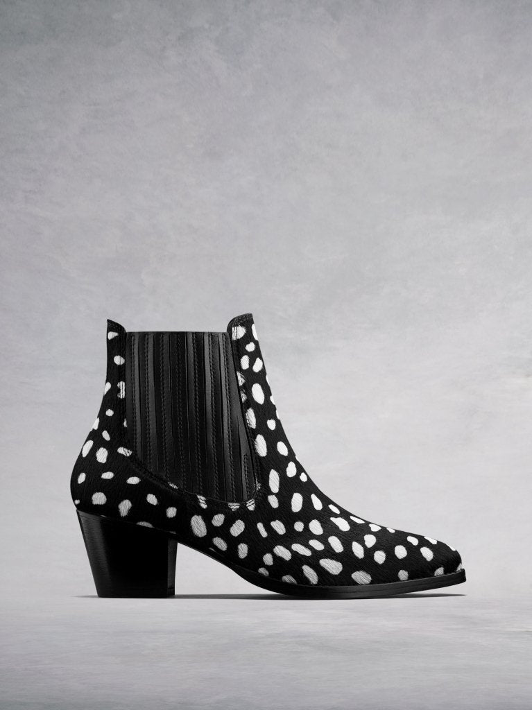 The Hockley, our Western inspired black and white hair leather ankle boot. 
