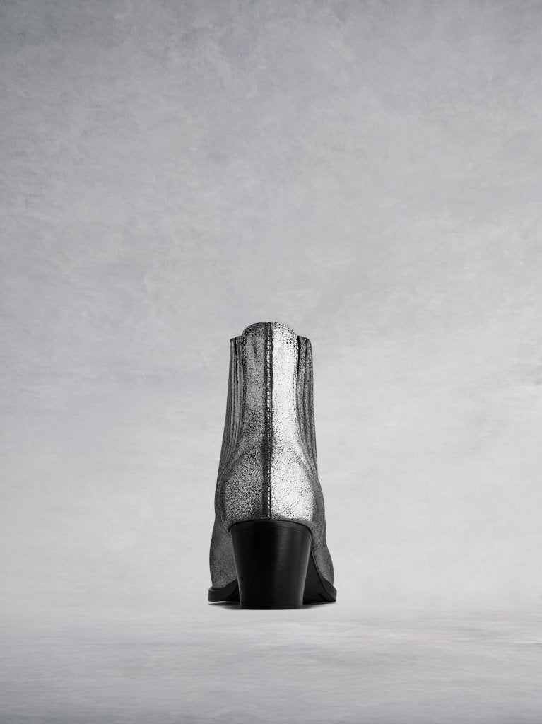 Hockley Silver leather: The back has elegant stitching and a stacked Cuban heel.