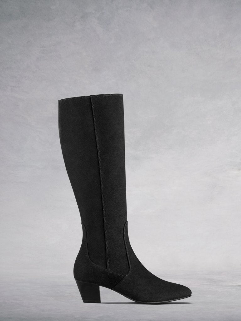 The Holton, a beautiful knee high black suede boot with a square toe shape.