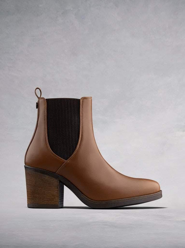 Isidor, our tan leather high heeled Chelsea boot with textured contrasting elastic. 