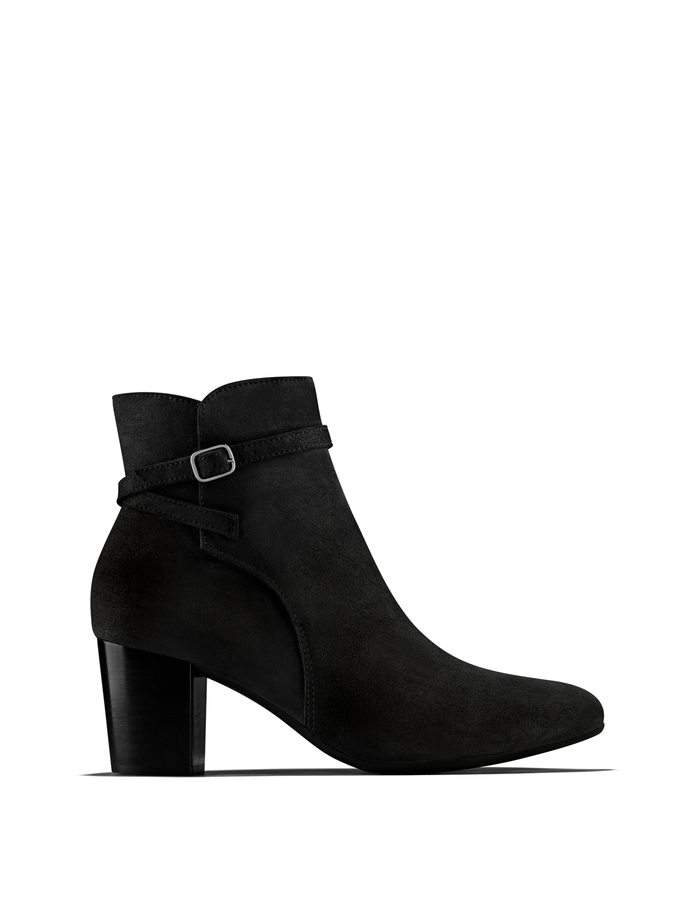 Kelston, a smart heeled black suede ankle boot with a cross over ankle strap. 