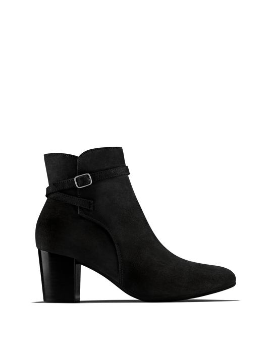 Kelston, a smart heeled black suede ankle boot with a cross over ankle strap. 
