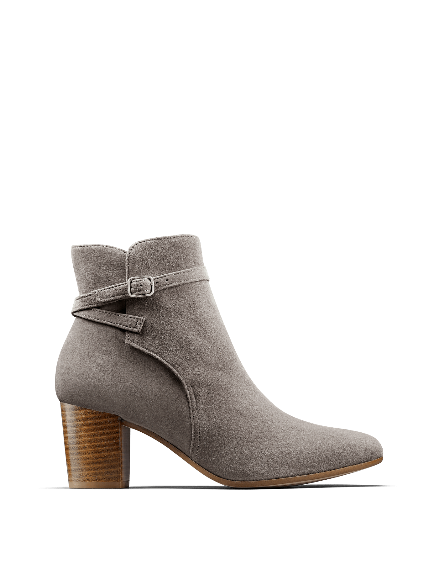 Our Kelston ankle boot in suede has a narrow crossover strap with buckle detail.