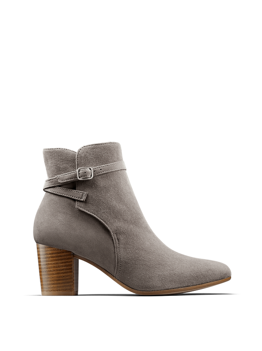 Our Kelston ankle boot in suede has a narrow crossover strap with buckle detail.